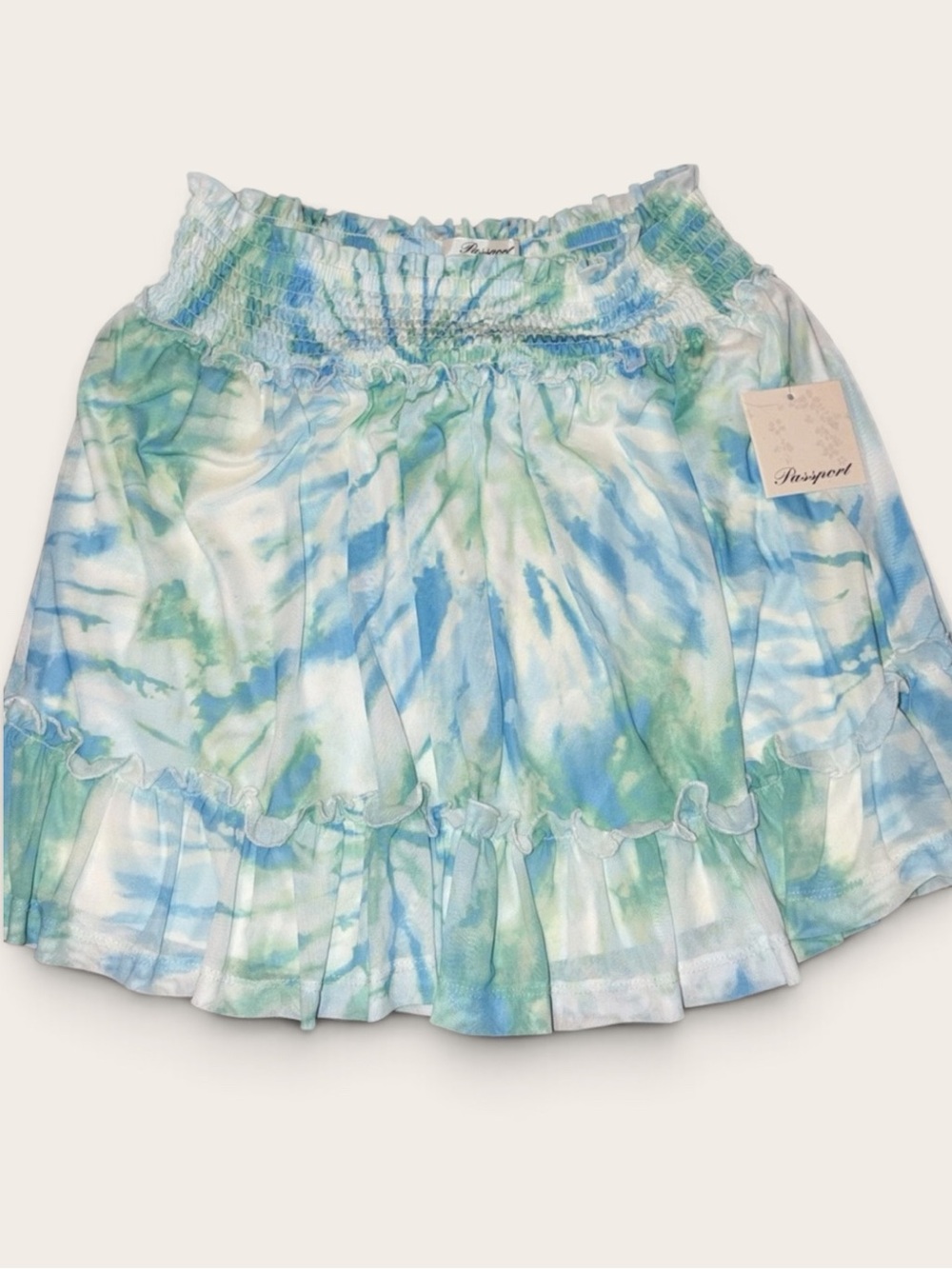 Passport Ruffle Mini Skirt L Blue Green Watercolor Smocked Y2K Fairy Coastal